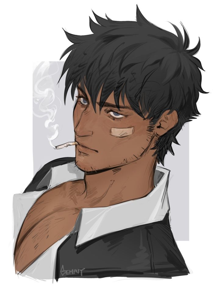 this is an anime style portrait of a man with dark black hair. he's wearing a white shirt and a black jacket. he has his eyes closed and a cigarette hanging from his mouth.  there is a small bandage on his cheek.  there is a smokey haze around the man's face.