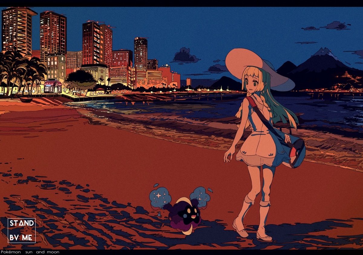 the image is a stylized digital illustration or fanart depicting lillie, a main character from the pokémon sun and moon games. she's walking along a beach at night,  a cosmog pokémon trailing behind her.  the beach is bathed in the warm glow of the setting sun, contrasting with the cooltoned cityscape in the background. the city skyline is vibrant and detailed, suggesting a tropical setting with palm trees and what appears to be volcanic mountains in the distance. the overall aesthetic is animeinspired, with a distinct color palette and emphasis on mood and atmosphere. the artist's signature, "stand by me", is present in the bottom left corner, along with the text "pokémon sun and moon."  the style is reminiscent of modern digital art with a handdrawn quality.