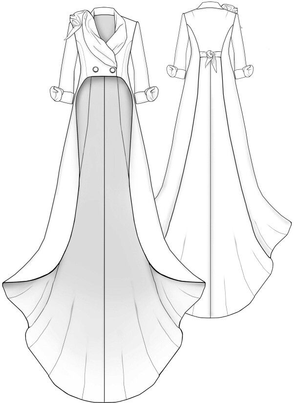 the image shows a technical sketch of a formal dress design. the dress features a doublebreasted, short coatstyle bodice with wide lapels, a rose embellishment on one shoulder, and long sleeves with rolledup cuffs. a long, straight skirt extends from the bodice, transitioning into a wide, flowing train at the bottom. the back view of the dress is also illustrated, showing a bow detail at the waist. the sketch is in black and white and is likely a pattern or design blueprint for the dress.