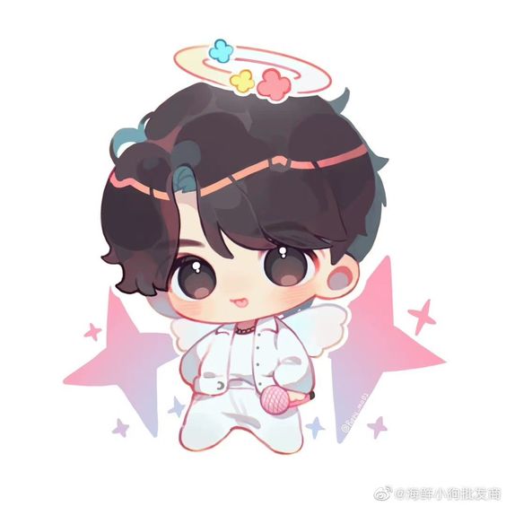 the image is of a chibistyle drawing of a young man with dark hair and a cute, innocent expression. he is wearing a white outfit with a jacket and is holding a microphone in his right hand. the figure has small white angel wings and a halo with colorful flowers above his head. the background is a pale pink with some sparkling stars around the figure.