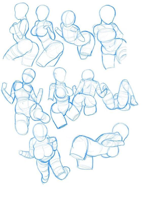 the image is a collection of sketches depicting various poses of the female figure. the drawings focus on simplified anatomy and gesture, using basic shapes to capture the flow and weight of the body.  they appear to be quick studies, likely intended as practice for drawing the human form in dynamic positions.