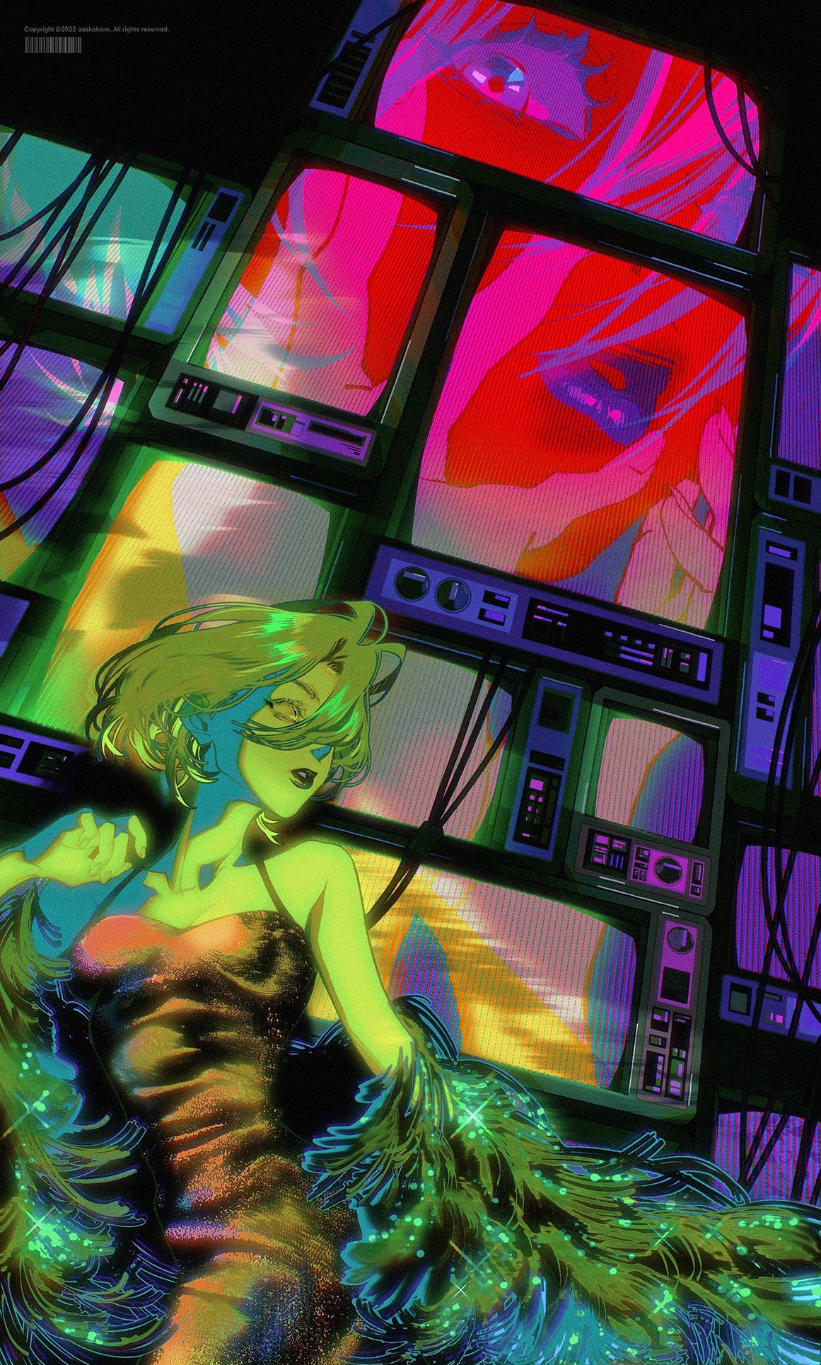 the image is a digital illustration of a woman in a glamorous, glittery dress. the woman is standing in front of a wall of old televisions with vibrant, neon colors, with a futuristic and cyberpunk aesthetic. the woman's eyes are closed and she appears to be lost in thought, with the screen of the televisions displaying a series of abstract and dynamic images that all seem to be related to her. the illustration is very colorful and vibrant, and the overall mood is one of glamour, mystery and futuristic dystopia.