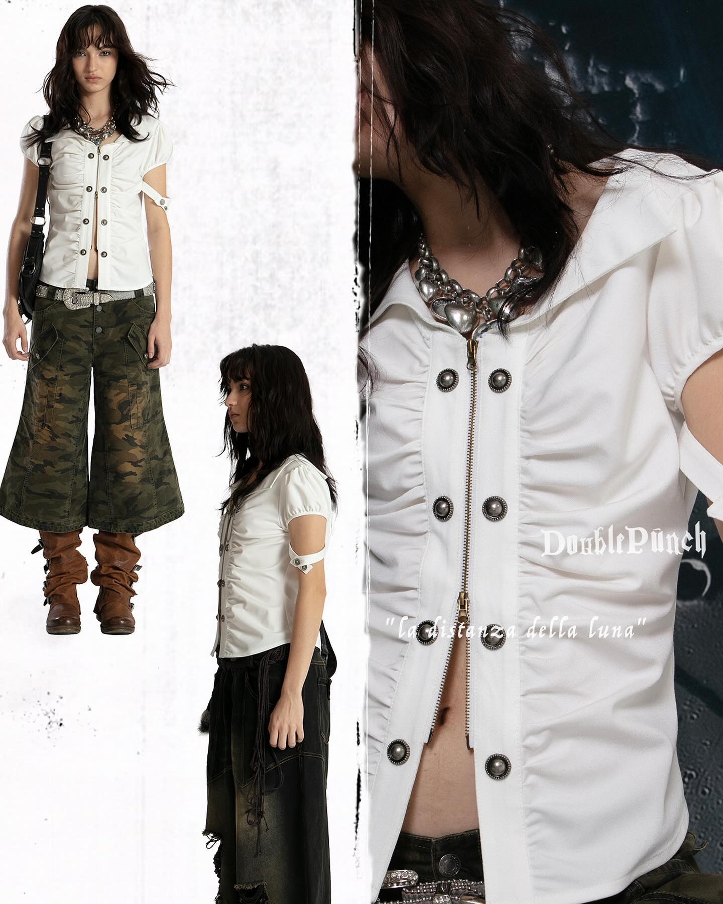 he image shows a collage featuring three women modeling clothing from the brand double punch.  the central focus is on a white, ruffled shirt with a front zipper.  the shirt is styled in two different ways: one on a model with camouflage pants and boots, and the other on a model wearing black pants. a third model is featured wearing a similar white shirt and black pants.  the overall aesthetic is grunge, alternative, or punkinspired.  a phrase, "la distanza della luna" (the distance of the moon), is visible on the image.