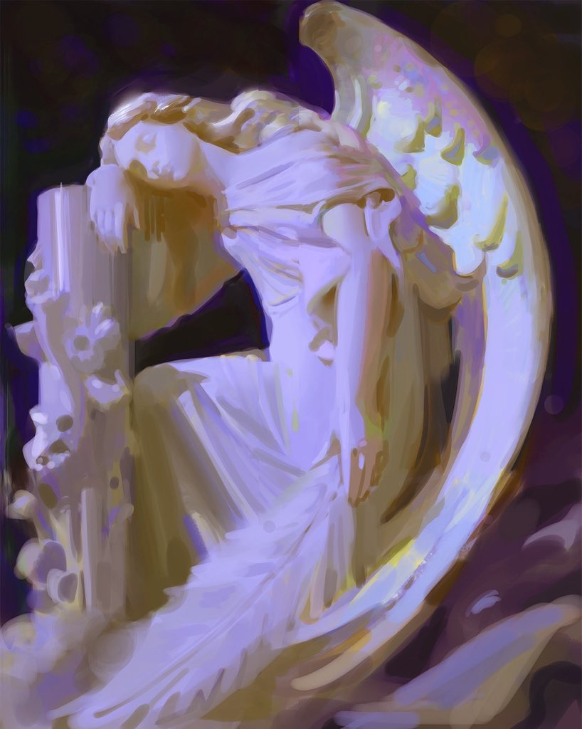 a white marble statue of an angel with large, feathery wings, draped in flowing robes, with her head resting on a pillar. the angel appears to be in mourning, perhaps representing the loss of a loved one. the statue is set against a dark purple background, which adds to the sense of sadness and somberness. the statue is likely found in a cemetery or graveyard and represents the eternal nature of faith and hope.