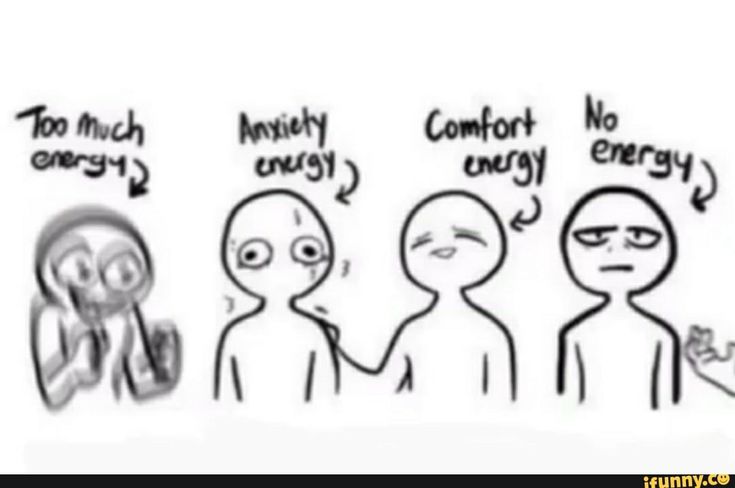 this meme uses stick figures to represent different levels of energy. the first stick figure on the left represents "too much energy",  the second represents "anxiety energy", the third represents "comfort energy" and the last one represents "no energy".