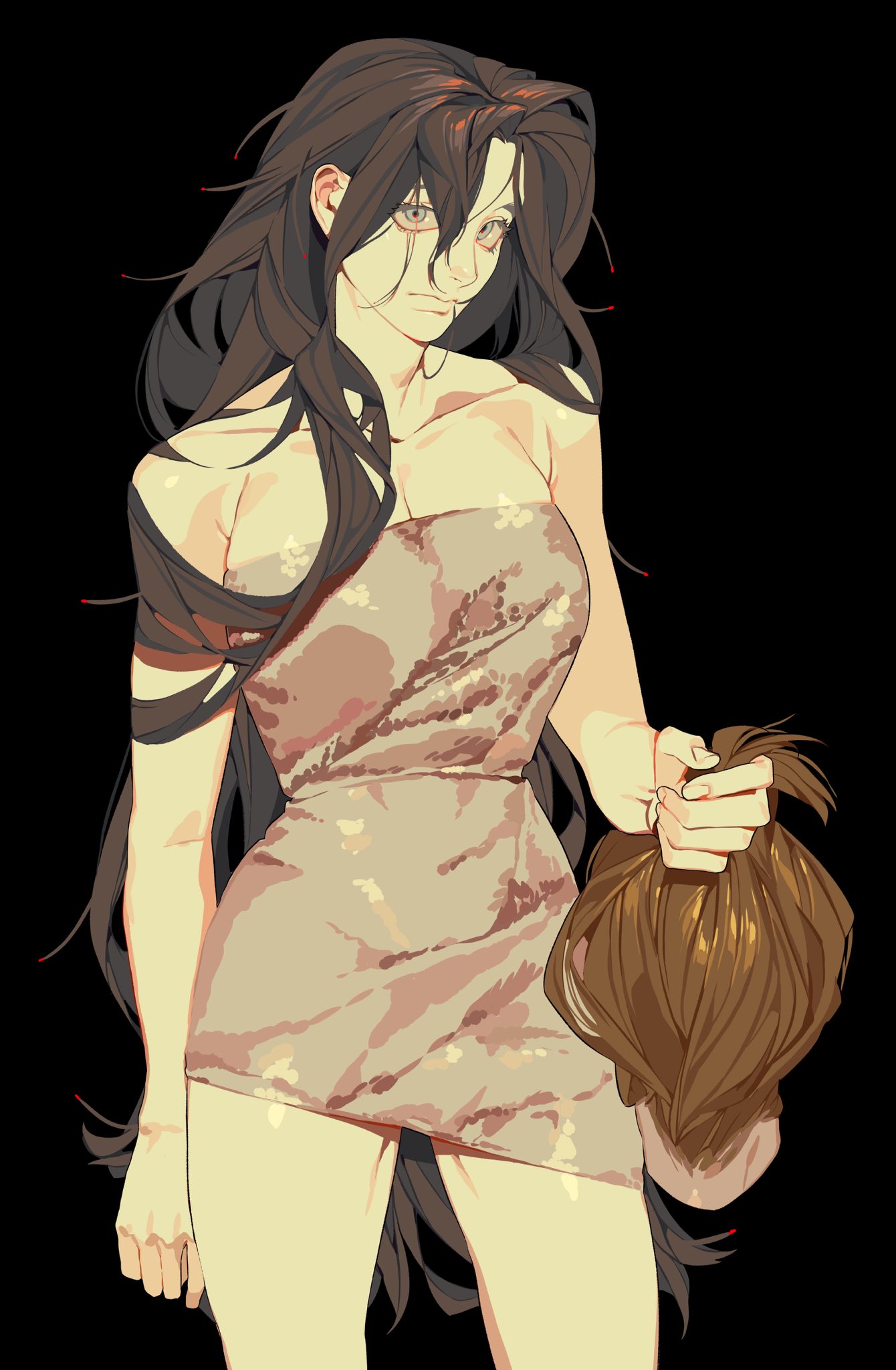 an illustration of a woman with long brown hair. she is wearing a light tan dress and holding a head of hair in her hand.