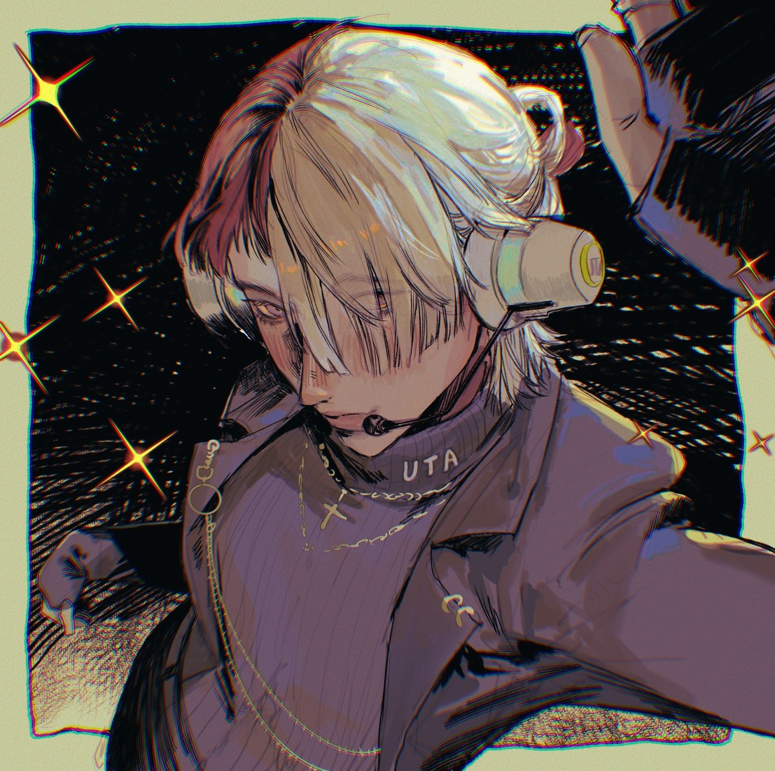 a digitally drawn illustration of an anime character with white and red hair wearing a black jacket with gold chains and a cross necklace. he is wearing headphones with a microphone and looking down. the background is dark with sparkles. the text on his jacket says "uta".