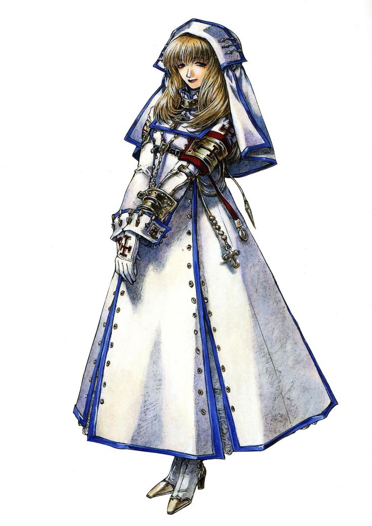 he image is a fullbody illustration of a female character, possibly from a video game or fantasy setting. she appears to be a nun or priestess, dressed in a long, white robe with blue accents. the robe features a hood and veil, along with gold and silver embellishments and accessories. her hair is long and blonde.  she is standing serenely against a white background. the art style is reminiscent of yoshitaka amano's work, known for its elegant and otherworldly aesthetic.
