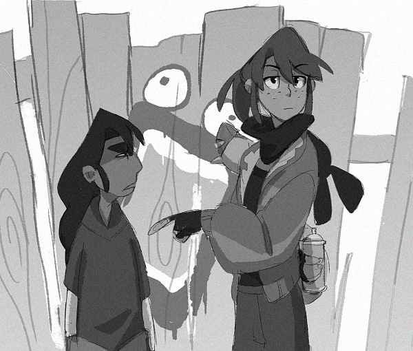 a black and white drawing of two people standing in front of a wall. one of the people is holding a can of spray paint in their hand and the other is looking at the wall. there are some graffiti markings on the wall,  and the scene is set in an urban environment.