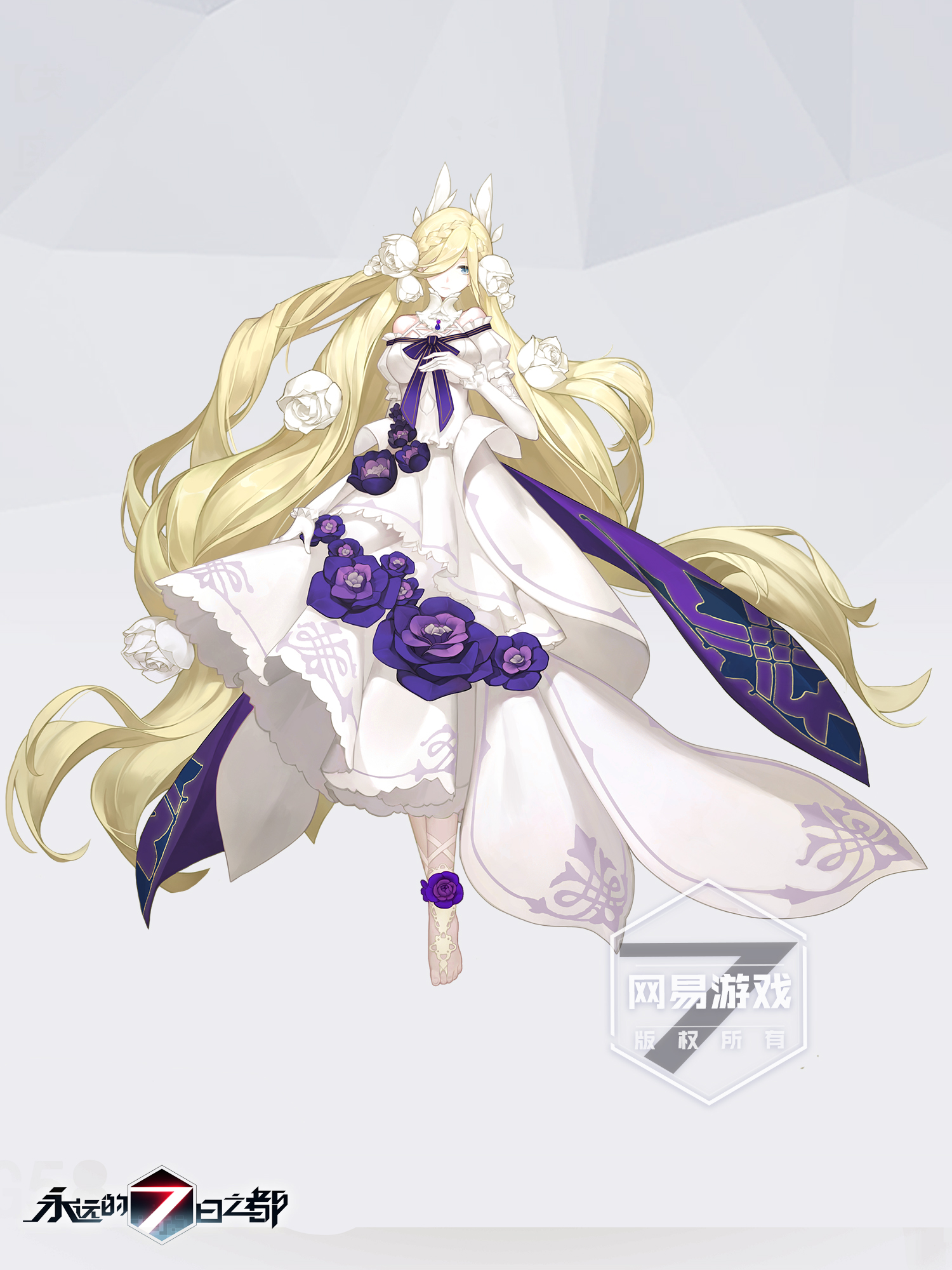 a digital illustration featuring a woman with very long blonde hair, floating against a plain offwhite background. her dress is white with purple flower accents. the model is facing forward and looking slightly to her right. there is faint asian script in the bottom right corner.  the overall aesthetic is fantasy or ethereal.
