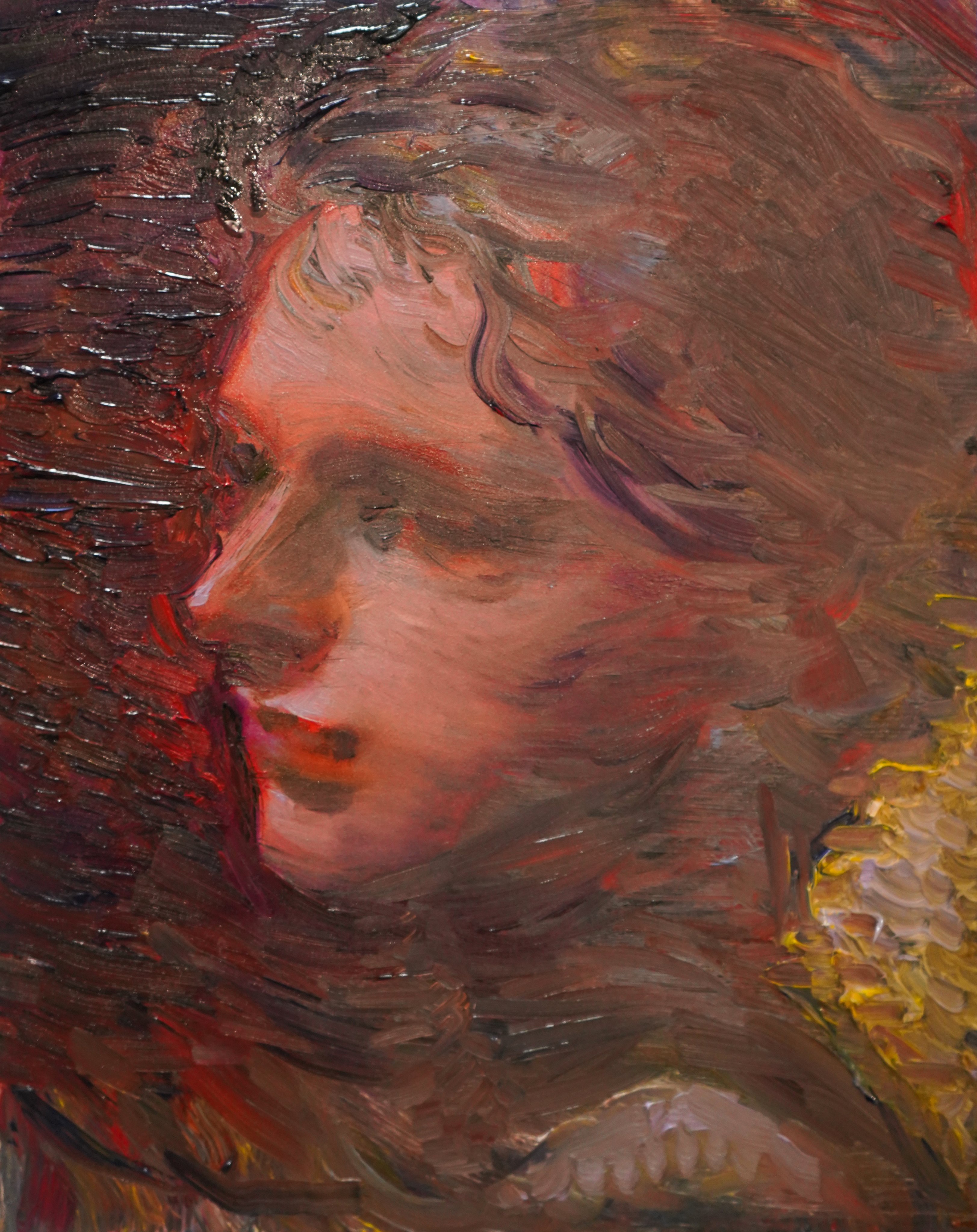 a close up oil painting of a woman's portrait in red and brown tones with a focus on her face, hair, and eyes.