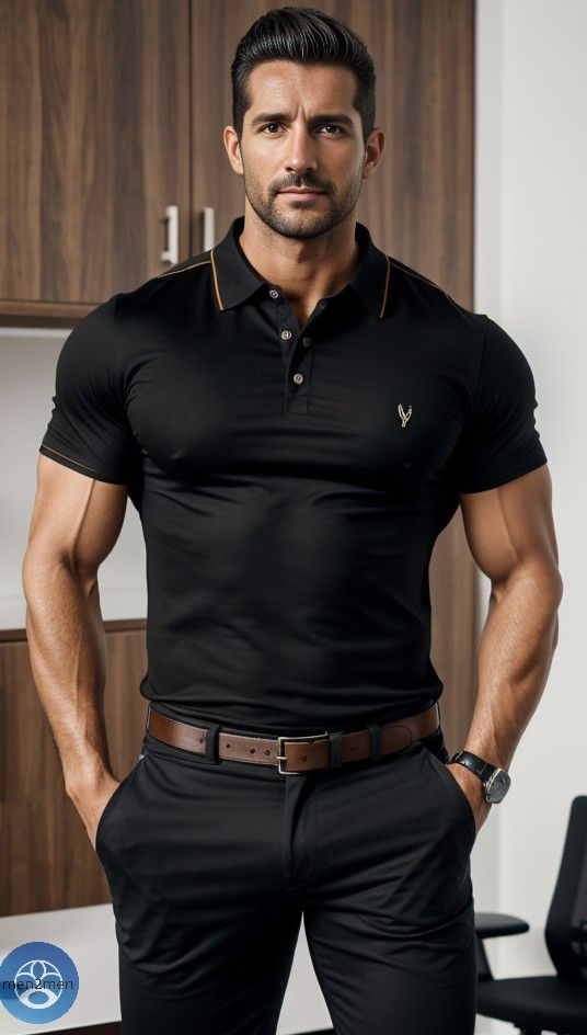 a muscular man with styled hair and a trimmed beard is posing in a business casual outfit. he is standing in front of a set of office cabinets and has a watch on his left wrist. his outfit consists of a black collared shirt, a brown leather belt and black pants. the image is welllit and focuses on his physique and clothing.