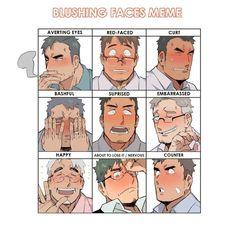 this is a drawing of 9 men's faces, each with a different blushing expression. each face is labeled with the corresponding emotion, like "happy", "embarrassed" and "about to lose it". it's titled "blushing faces meme."