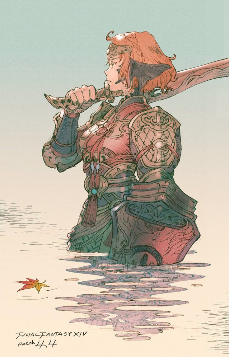 an illustration depicts a female warrior from final fantasy xiv standing in water. she is clad in detailed armor and carries a large sword over her shoulder. a fallen leaf floats on the water's surface near her. the artwork is labeled "final fantasy xiv patch 4.4".