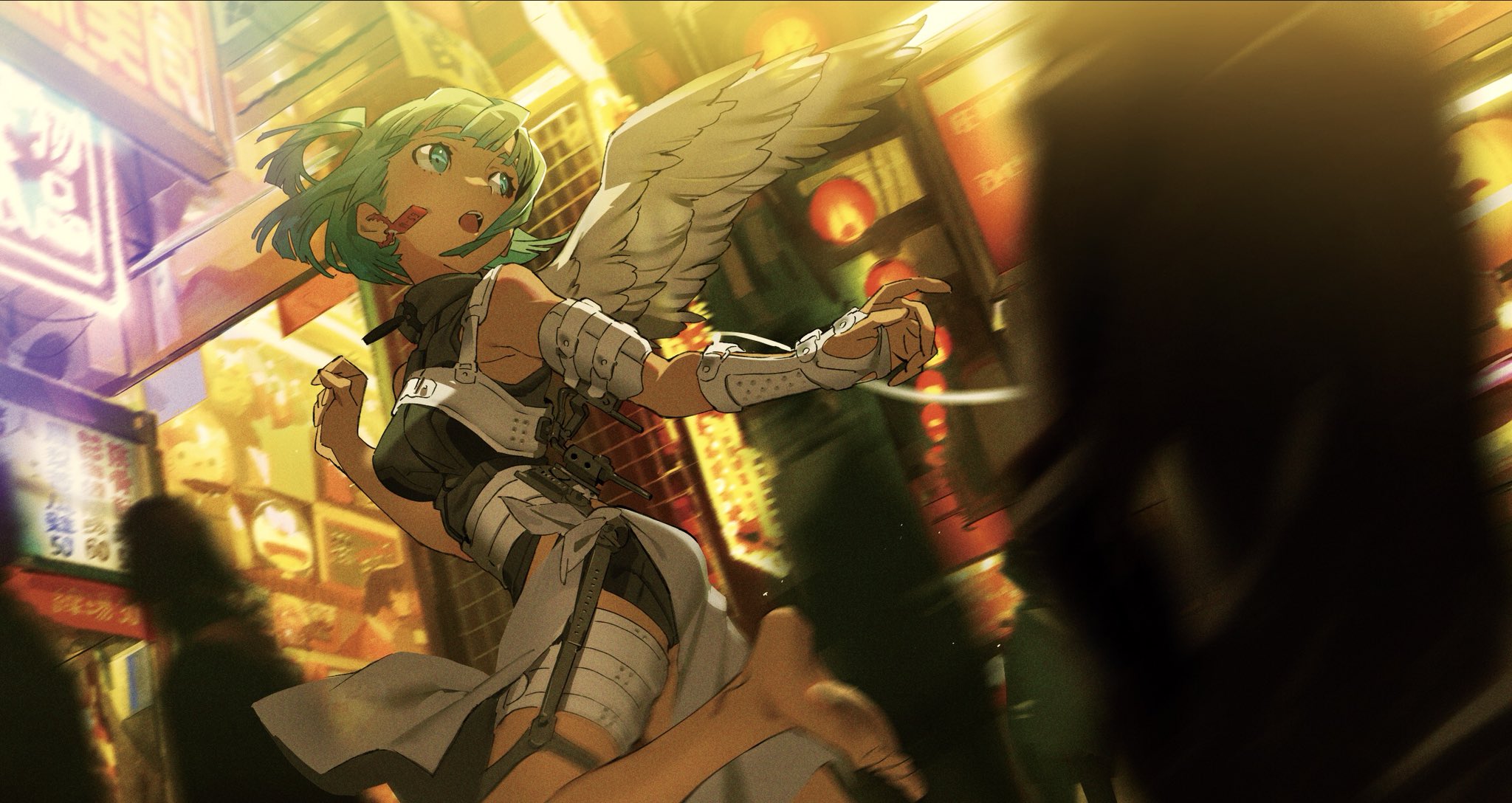 a dynamic illustration of a winged girl racing through a vibrant, neonlit city street at night.  she has teal hair, striking blue eyes, and bandages wrapped around her arms and legs, suggesting recent injury.  her white wings are spread as she sprints past blurred figures, creating a sense of urgency and motion. the low camera angle emphasizes the height and grandeur of the city buildings, while the bright neon signs cast a warm, electric glow on the scene.
