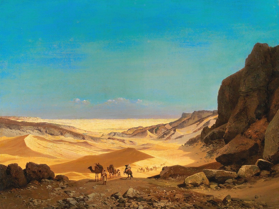 the image is a painting depicting a desert landscape with a camel caravan. the foreground features rocky terrain with large boulders. in the middle ground, a line of camels and people forms a caravan moving through the sand dunes. the background consists of vast sand dunes stretching to the horizon, with distant mountains or rock formations. the sky is a clear blue with a few scattered clouds. the overall scene evokes a sense of the vastness and desolation of the desert.