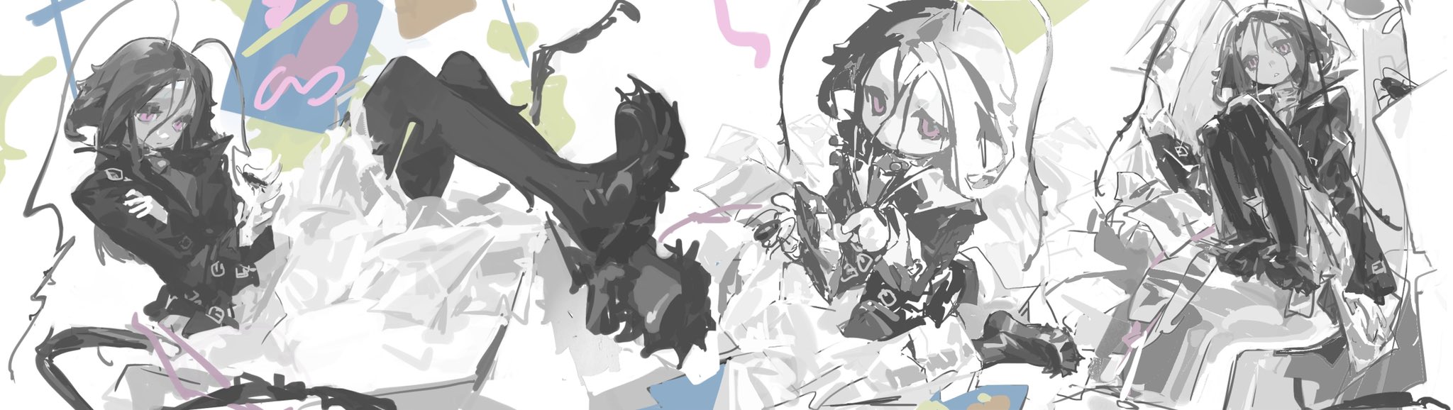 a digital illustration of three anime girls in black and white, one is sitting with her legs crossed, the other two are on the floor, all with sad expressions. the background is made up of crumpled paper.