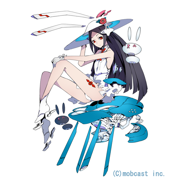 this image features a young anime girl with long black hair sitting on a futuristic robotic contraption. she is wearing a white dress and hat, and her eyes are a bright red color. the robot is blue and white, with many intricate details. the image is set against a white background. the image is an illustration and has a style that is reminiscent of science fiction.