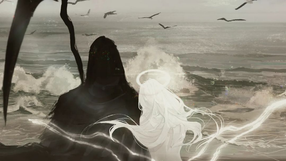 this artistic and symbolic illustration depicts the stark contrast between death and the ethereal. a shadowy figure, likely the grim reaper, stands in the foreground, wielding a scythe, while a white angelic being, glowing with light, stands nearby. the ocean serves as a backdrop, with waves crashing in the background, adding to the sense of dramatic contrast and symbolism. the image suggests the choice between darkness and light, death and life, and heaven and hell. it hints at the mysteries and wonder surrounding the concept of the afterlife.