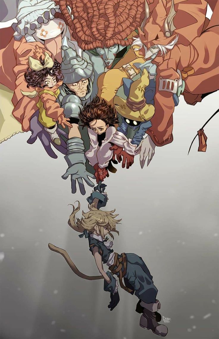 the image shows various anime characters in a style reminiscent of final fantasy ix. a group of characters is shown at the top, holding hands to catch the character on the bottom. characters include vivi ornitier, freya crescent, and princess garnet til alexandros xvii.