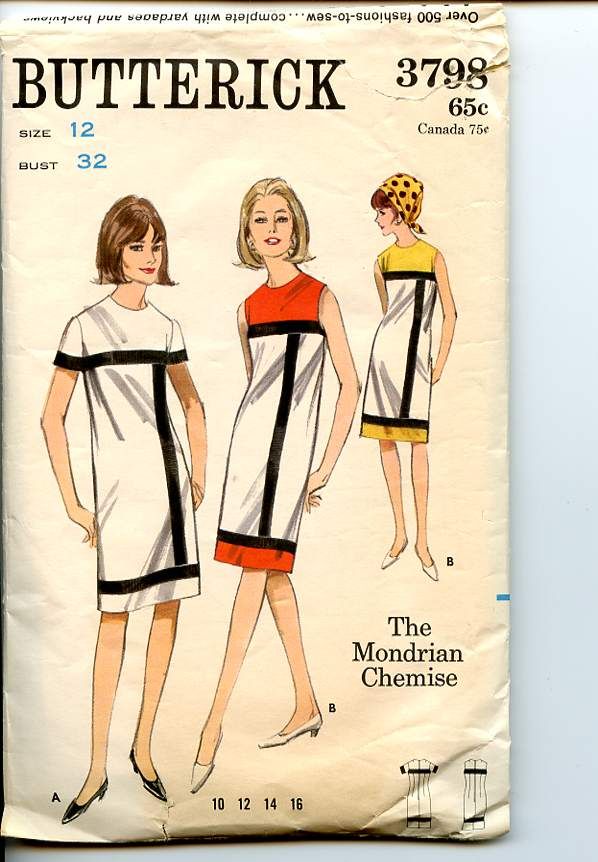 the image is of a vintage butterick sewing pattern envelope, number 3798, featuring the mondrian chemise dress design. it depicts illustrations of women wearing variations of the dress. the pattern size is 12 with a bust of 32. the pattern cost 65 cents or 75 cents in canada.