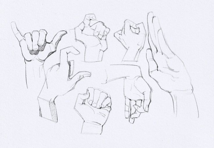 the image is a pencil sketch of several different hand poses and gestures. it includes various angles and positions of the hands, with detailed line work and some shading. the style is reminiscent of an anatomical study or a practice drawing.