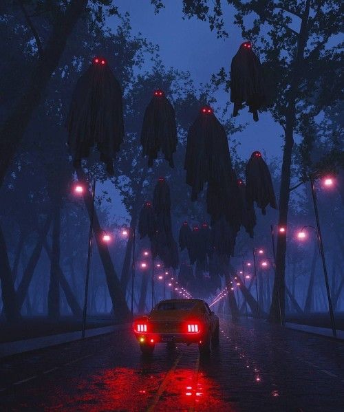 a yellow car drives down a road through a dark and foggy forest at night. the trees on either side of the road are illuminated by streetlights, casting long shadows. there are many shadowy figures with red eyes in the trees, giving the scene a spooky and eerie feeling. the road stretches into the distance, disappearing into the fog. the car's red taillights create a stark contrast against the darkness of the forest. the image evokes a sense of mystery and foreboding.