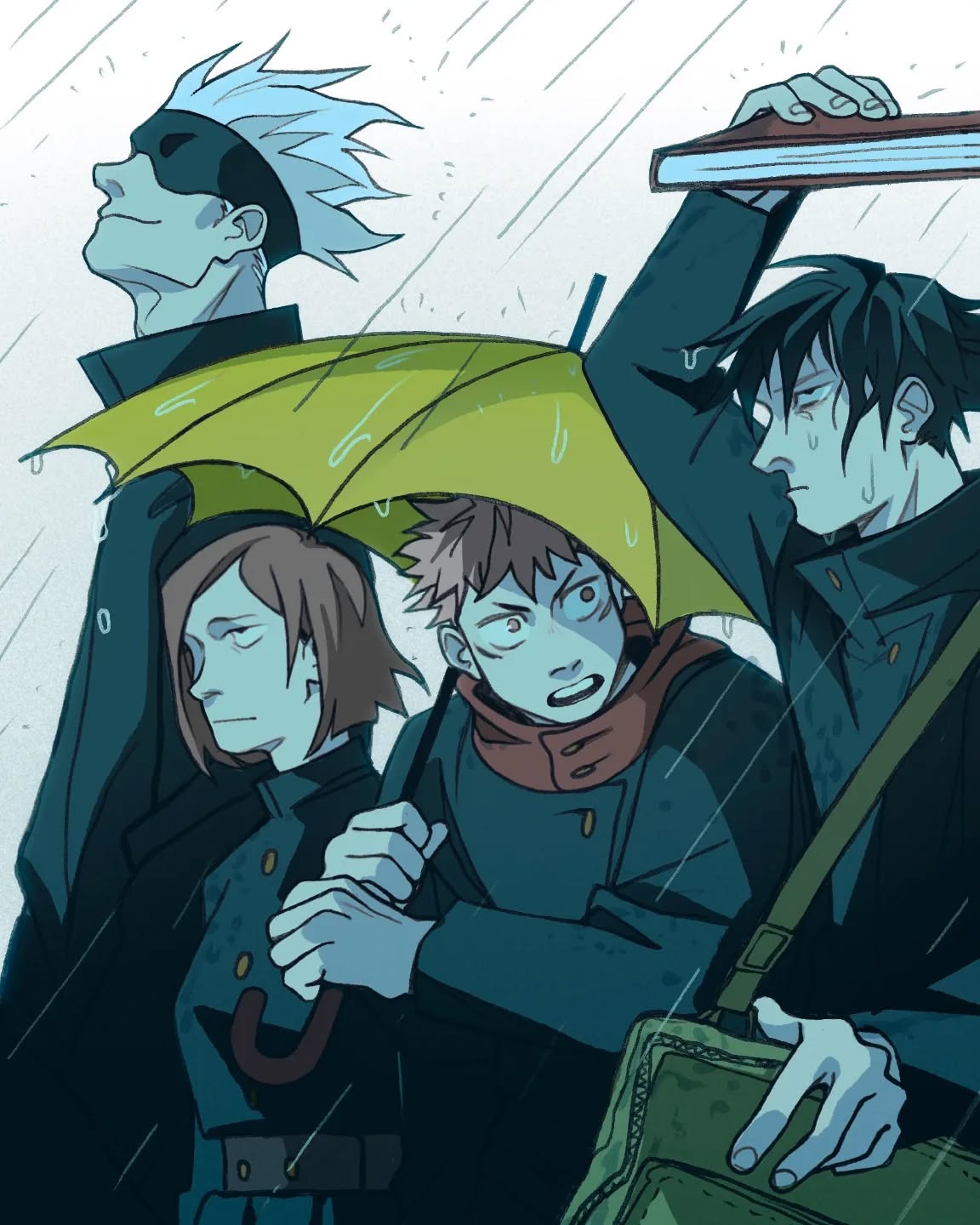 the image is a digital illustration in an anime/manga style depicting a group of four young adults caught in a heavy downpour.  they are bundled together, creating a sense of camaraderie or shared experience. one holds a yellow umbrella, partially shielding the group.  another is carrying a book, possibly a textbook or novel. the characters are dressed in contemporarystyle jackets and coats, with some stylistic differences showing individuality.  the overall mood is dark and atmospheric, the rain setting a somber yet engaging tone. the art style is detailed, with focus on expressive faces and body language. the color palette leans towards cool tones with teal and dark grays being prominent, enhancing the rainy setting.