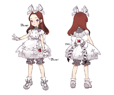 this is a 2d digital sketch showcasing the front and back views of a female character design. the character has brown hair with large bows and is wearing a white dress with ruffles and a heart embellishment.