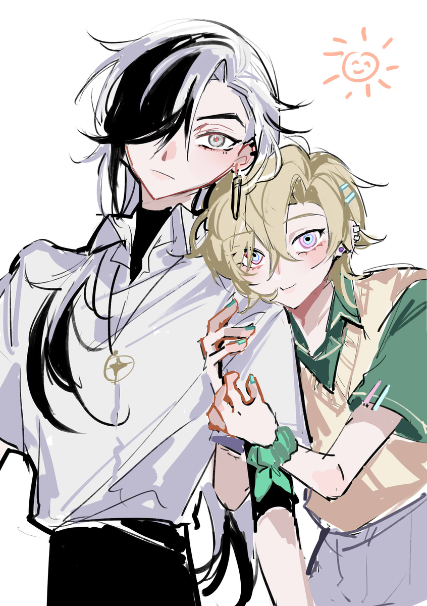 the image shows a pair of young anime characters, both male,  one with silver hair and one with blond hair. the boy with silver hair is wearing a white collared shirt with a black vest over it and black pants. he has a necklace around his neck. the blond boy is wearing a white shirt with a green vest over it. he is wearing lightcolored pants. the boys are hugging each other, and they are both smiling. there is a happy sun in the upper right corner of the image. the drawing is in a casual manga style, with simple lines and soft colors. it's a lighthearted image that conveys a sense of happiness and friendship.