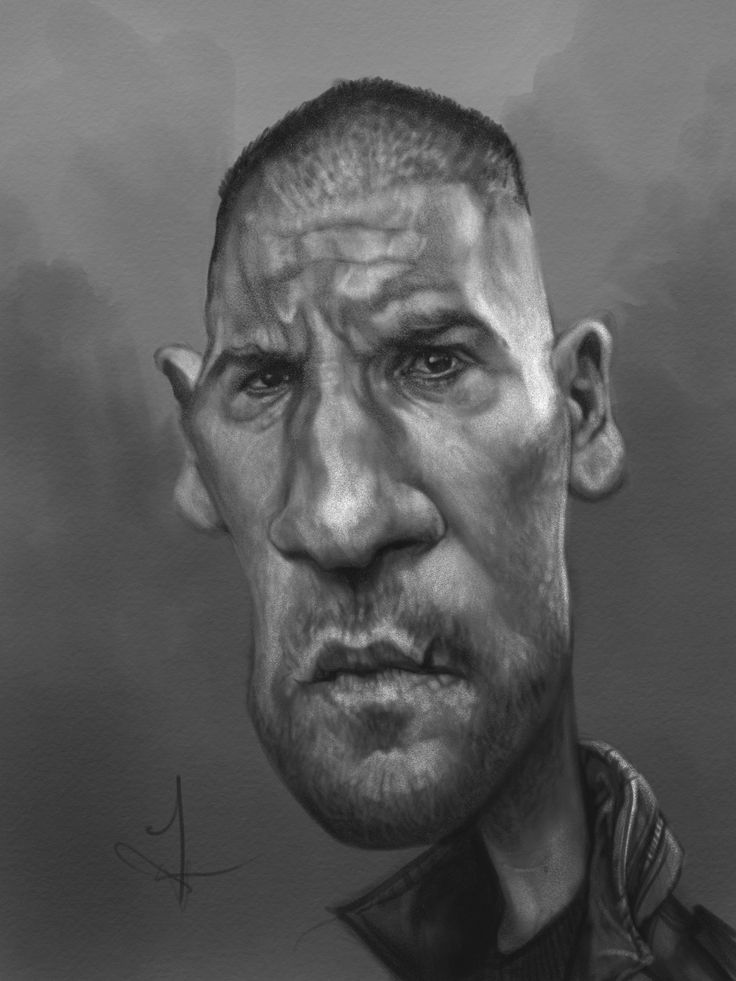 a black and white digital caricature portrait of a man with a serious expression, emphasizing his strong features and facial hair.