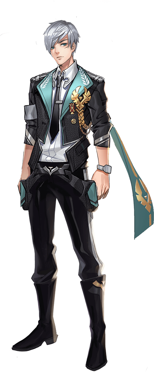 an anime style illustration of a male character. he is young, has white hair and blue eyes, and is wearing a black suit with a green scarf, gold accents, and black boots. he is standing in a full body pose and has a confident and cool expression on his face.
