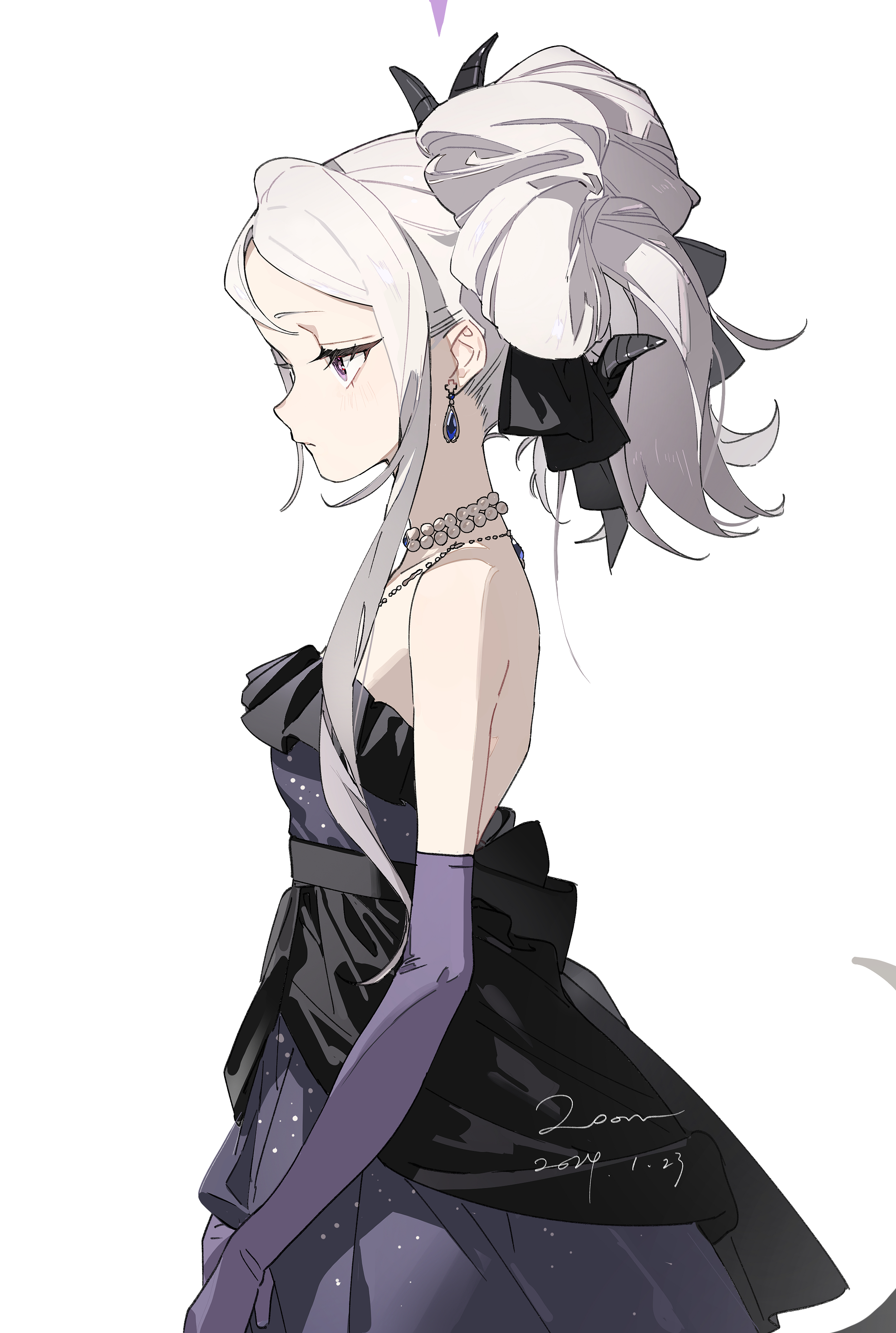 the image is an illustration of an animestyle girl with long white hair styled in an updo with black accents. she is wearing a stylish purple and black dress, long purple gloves, and delicate jewelry. the artwork showcases her in a side profile, highlighting her elegant appearance and the details of her attire.  the artist's signature and date (2022 1123) are subtly included in the image. the style is clean and sophisticated.