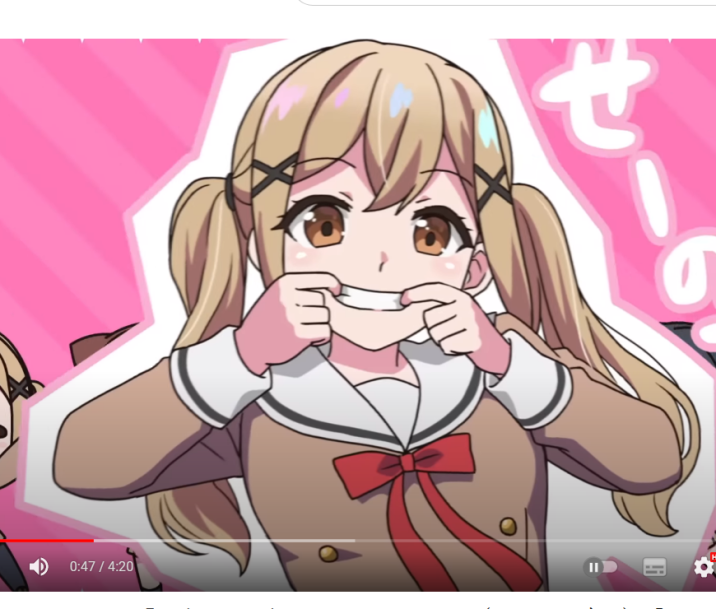 the image shows a closeup illustration of a young anime girl. she has large, expressive brown eyes, and her light brown hair is styled in pigtails. she is wearing a brown and white japanese school uniform with a red ribbon. she is smiling brightly and stretching her mouth wide with her hands. the background is a vibrant pink with stylized japanese characters on the right. the overall style of the illustration is cute and playful.