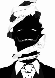 a black and white illustration of a monstrous figure. its face is entirely black, save for a set of white, toothy grin. the figure's head and neck are wrapped in bandages, which sprout multiple eyes.  it's dressed in a suit with a slightly unbuttoned shirt.