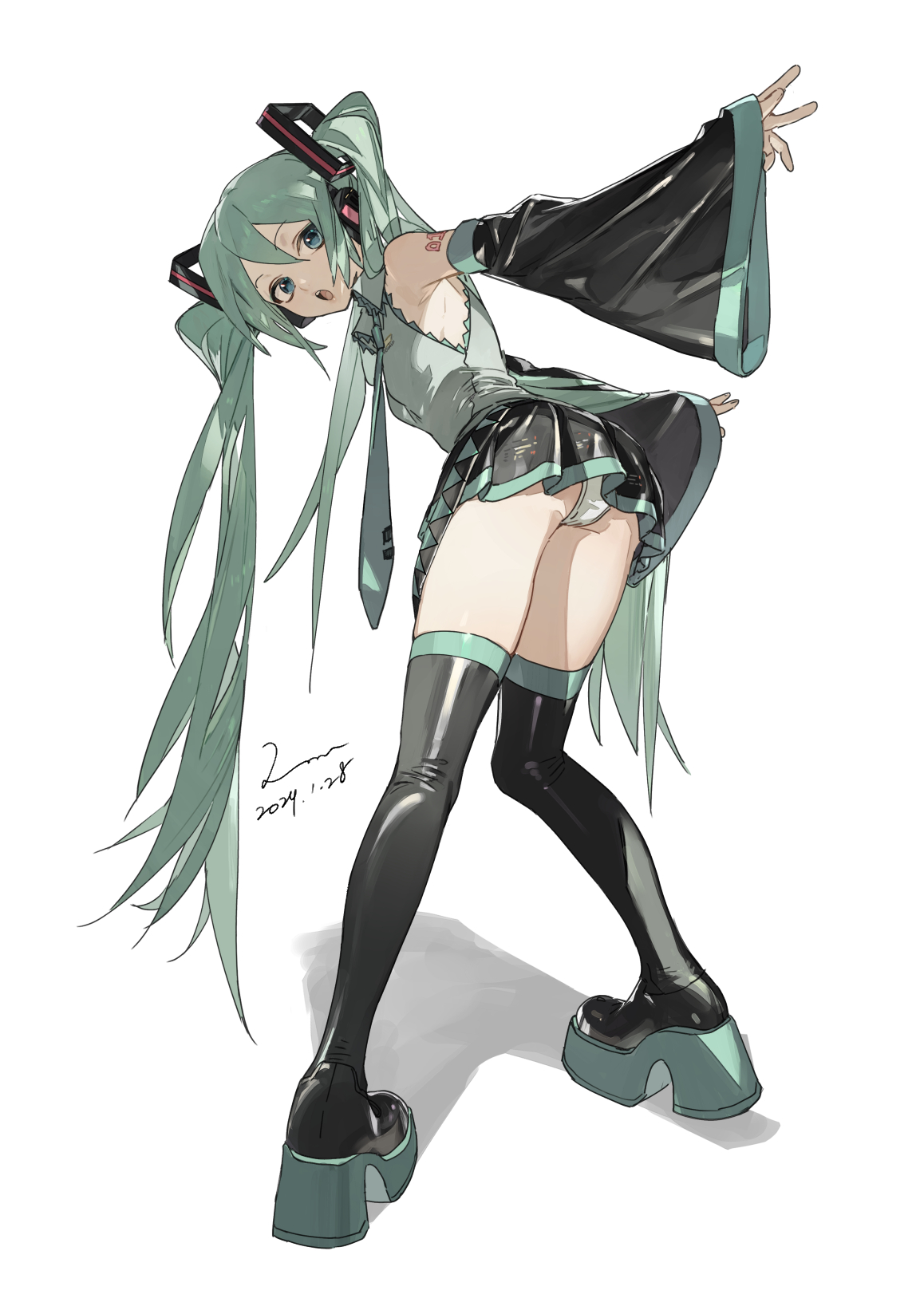 a digital illustration of hatsune miku, a popular vocaloid character, in a dynamic pose. she's depicted from behind, her teal twintails flowing, wearing a black and teal outfit with a short skirt and platform shoes.  her expression appears slightly surprised or playful. the art style is anime/mangainspired, with detailed lines and shading.  the background is plain white, focusing attention on the character. a signature or date is visible in the bottom left.