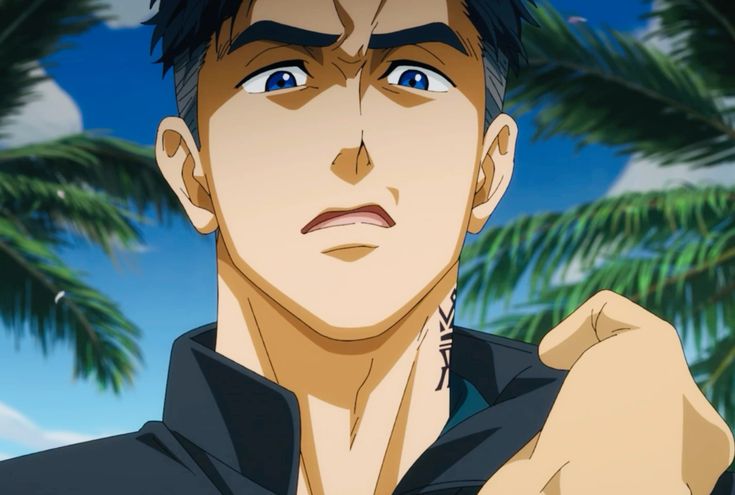 the image is a closeup illustration of an adult man with short dark hair and blue eyes. his expression is one of shock or disbelief, with wide eyes and a slightly open mouth. he has a tanned complexion with visible shading emphasizing his strong features. he wears a dark shirt, partially open, revealing a tribalstyle tattoo on his chest and upper arm. the background is blurred but suggests a sunny beach setting with palm trees and blue sky.