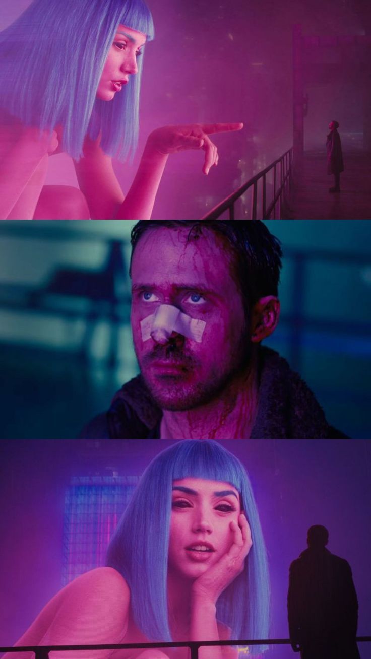 this image is a collage of three scenes from the movie blade runner 2049. the top image shows a woman with blue hair standing on a balcony overlooking a futuristic city. the middle image shows a man with a bandage on his nose and blood on his face. the bottom image shows a woman with blue hair sitting on a balcony with a man in the background. the entire image is bathed in neon lights, giving it a cyberpunk aesthetic.