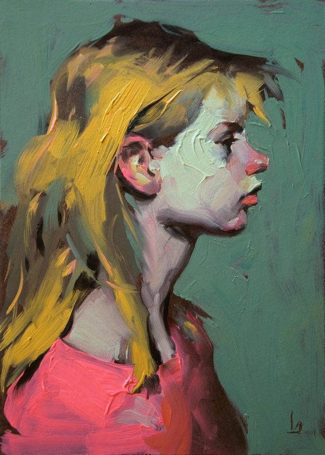 a painting of a woman's side profile. her blonde hair is pulled back and she is looking off to the side. she is wearing a pink shirt. the painting is done in oil and has a lot of brush strokes. the background is a green color. the painting has a lot of detail and is very realistic. it looks like a study in realism for the artist, as they are very focused on the details of the figure.