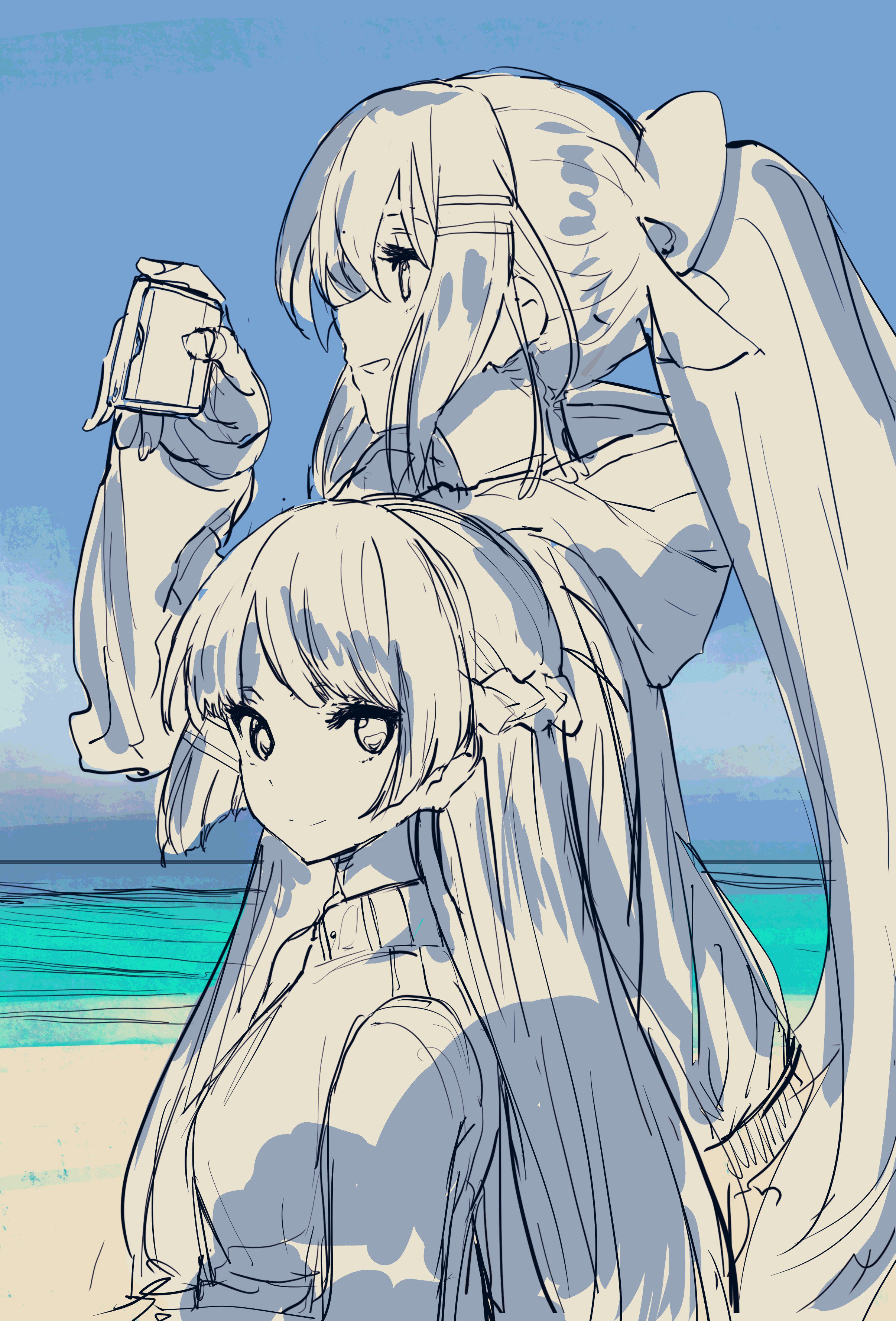 he image is a digital drawing or sketch of two animestyle girls at the beach.  the girl in the background is holding what looks like a small rectangular object, perhaps a phone or camera.  both girls have long, flowing hair, and are dressed in casual clothing. the style is loose and sketchy, with soft pastel color tones. the background is a simple depiction of a sunny sky, ocean, and beach.  the overall mood is light and relaxed, suggesting friendship and a summer vacation.