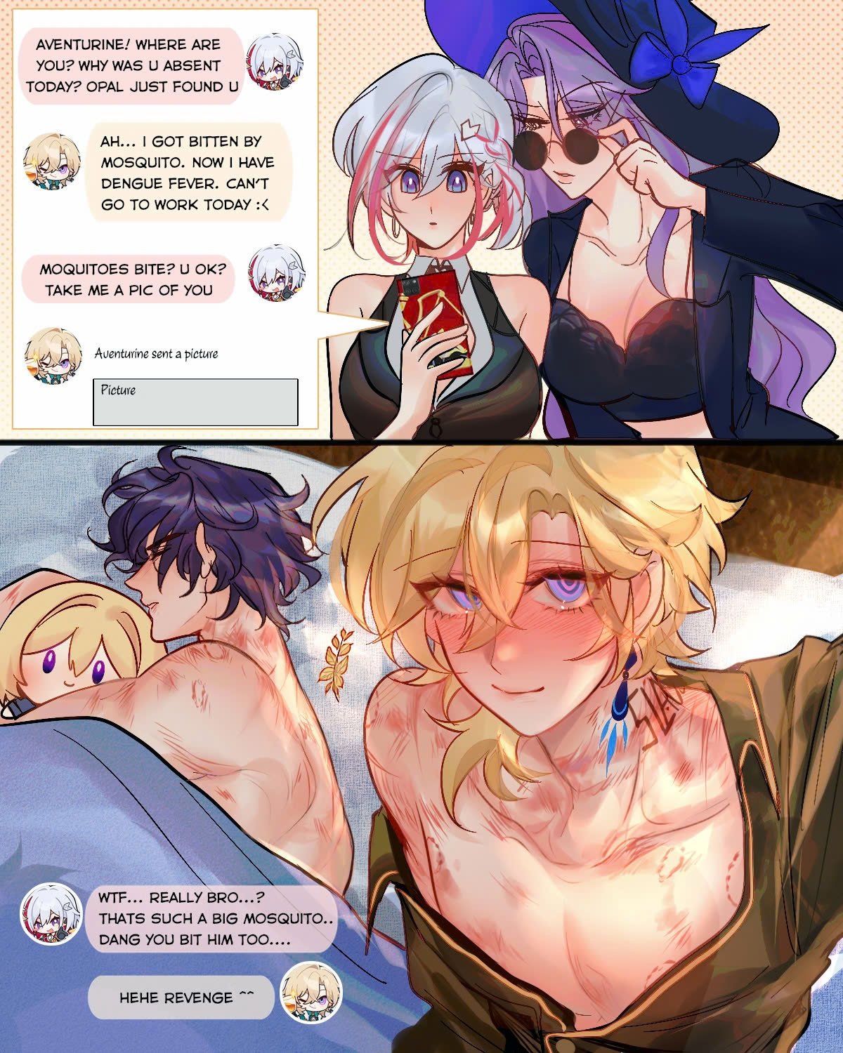 the image is a digital illustration in anime/manga style. it shows a series of panels. the top panel displays an online chat conversation among three female friends. one of them, aventurine, mentions being bitten by a mosquito and suffering from dengue fever. the other friends express concern.  the second panel features a closeup shot of two men, one with blonde hair and the other with dark blue hair, both showing numerous mosquito bites on their bodies. this panel also includes a chat expressing surprise and playful revenge. the first panel showcases three anime girls. one is wearing a witch hat and sunglasses. the other two have pink and white hair and are casually dressed. the art style is vibrant and expressive, with clear attention to detail in the characters' features, expressions and clothing. the overall mood is a mix of concern and lighthearted humor due to the unexpected situation of multiple mosquito bites.