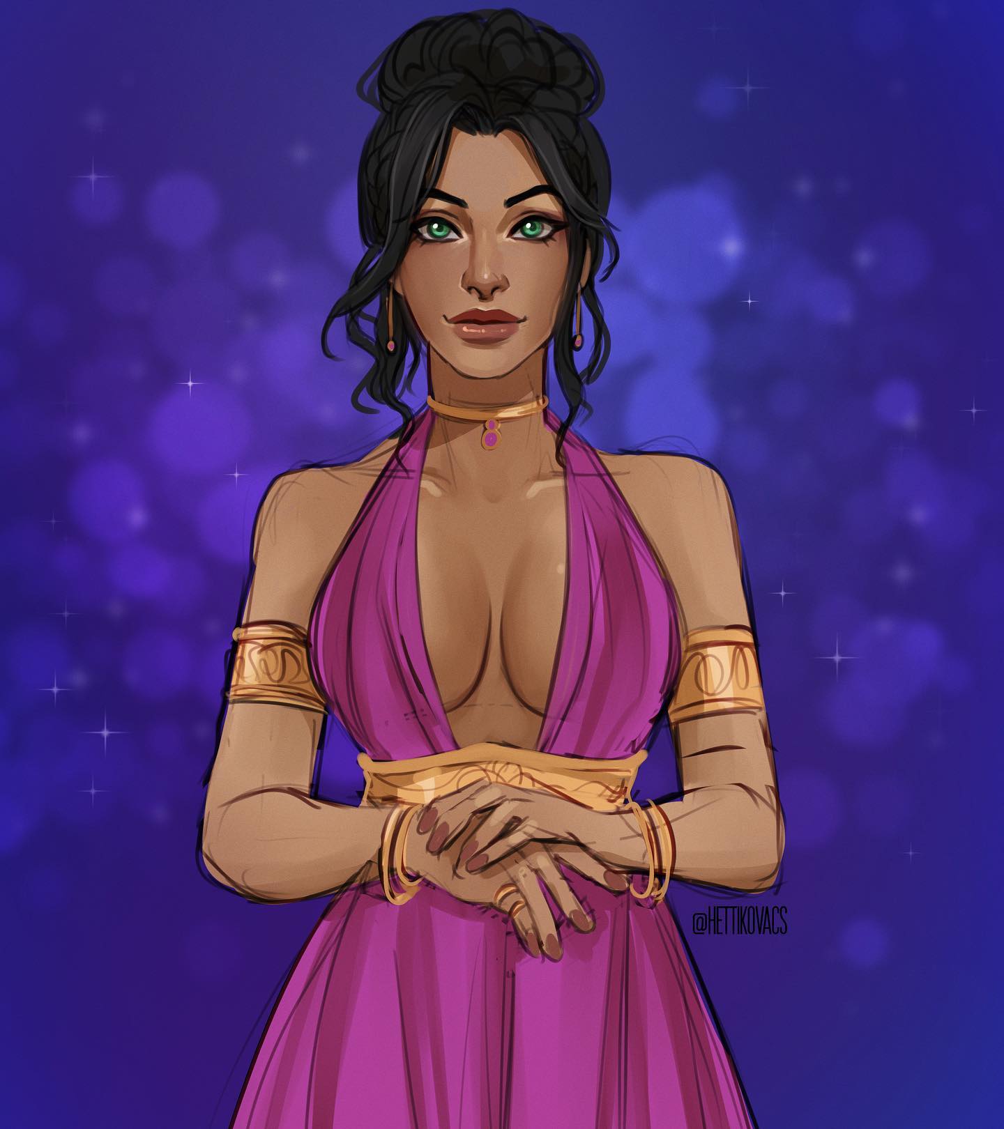 the image is a digital painting of a beautiful, darkhaired woman. she appears to be of royal or divine status, given her elegant purple gown, gold jewelry, and regal bearing.  she has striking green eyes and a confident expression.  the background is a dark purple, reminiscent of a night sky with twinkling stars, adding to the fantasy feel. the art style is stylized and smooth, with a focus on the character's beauty and grace. the overall mood is elegant and mysterious.