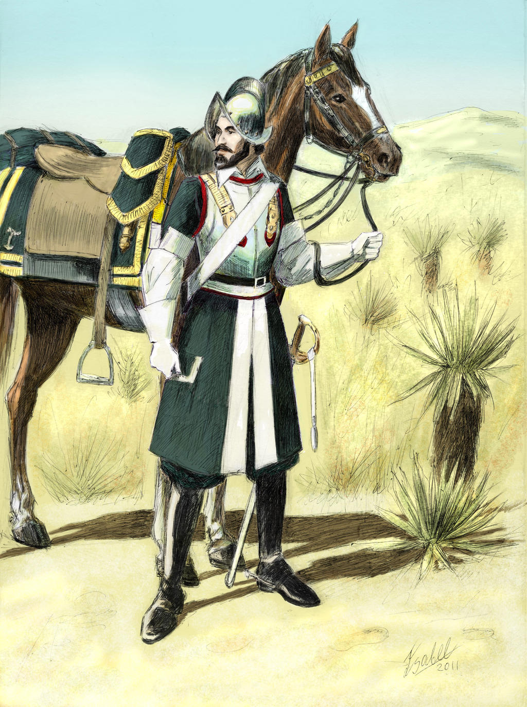 a detailed illustration depicts a spanish soldier in full military dress, standing next to his horse. the soldier wears a green and white uniform, with a helmet adorned with feathers and a sword at his side. the horse is chestnut brown, with a saddle and bridle, and is adorned with gold trim. the setting is a dry, grassy landscape, suggesting a military campaign or outpost.  the illustration likely depicts a soldier from the spanish colonial era, perhaps the 18th or 19th century.
