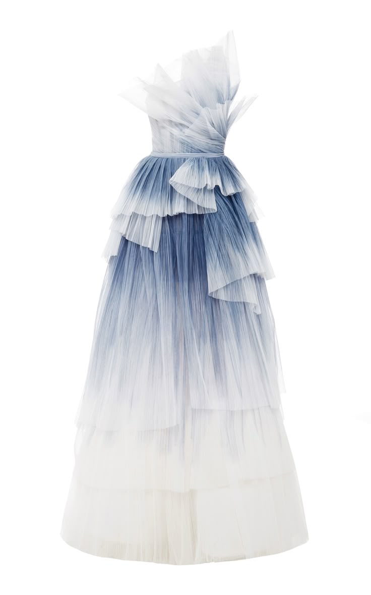 a long, strapless evening gown with a gradient from blue to white. the gown is made of tulle and has multiple layers of ruffles. the top of the dress features a oneshoulder design.