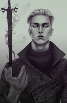 a grayscale drawing of a young man with short blonde hair and a serious expression. he is wearing a dark coat with ornate details and a high collar. he holds a sword in his right hand, which is wreathed in wispy smoke or mist.  the background is a lighter shade of gray.