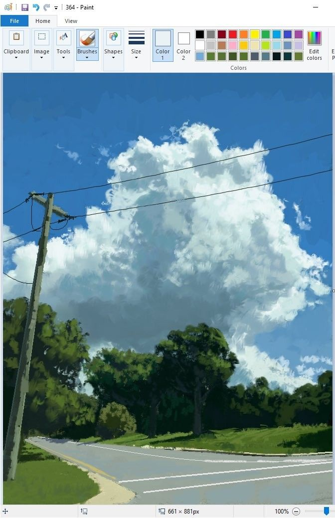 the image shows a digital painting created in ms paint, depicting a landscape scene with a road, trees, a utility pole, and a bright blue sky with large, fluffy clouds. the style resembles a slightly blurred, impressionistic approach. the perspective is at ground level, looking up at the sky. the road has white lines marking the lanes, and green grass lines both sides. a utility pole with power lines stretches into the sky on the left. the sky takes up the majority of the frame, filled with dynamic cloud formations. the image also shows the top of the ms paint interface, with file menu and icons.