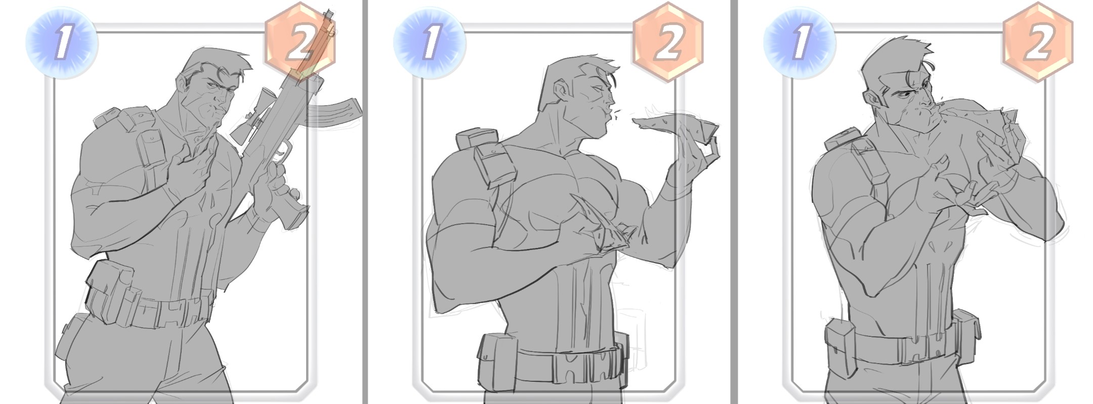 this image features a drawing of the punisher character from the comic book world. there are three versions of the character each in a different pose.  in the first, the punisher is holding his gun. in the second, the character is shown eating a slice of pizza. the third picture shows the character as he appears to be eating something with a hand covering part of his face.