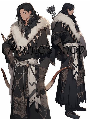 illustration of a male archer wearing a dark robe with a fur collar. he has long, dark hair and is holding a bow and arrow. there is another depiction of the man from the back.