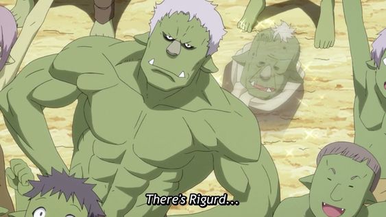 a group of greenskinned, muscular, humanoid creatures are standing in the middle of a sandy beach looking excited. the largest of the group, who is standing at the front, is smiling. it appears as though they are celebrating something.
