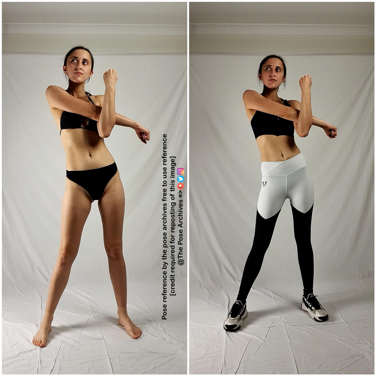 a young woman is shown in two slightly different poses against a plain white background. she is wearing minimal athletic wear  a black sports bra and underwear on the left, and a black sports bra and white leggings on the right. in both images, she is stretching her right arm across her body, holding it with her left hand. the images appear to be intended as pose references for artists.
